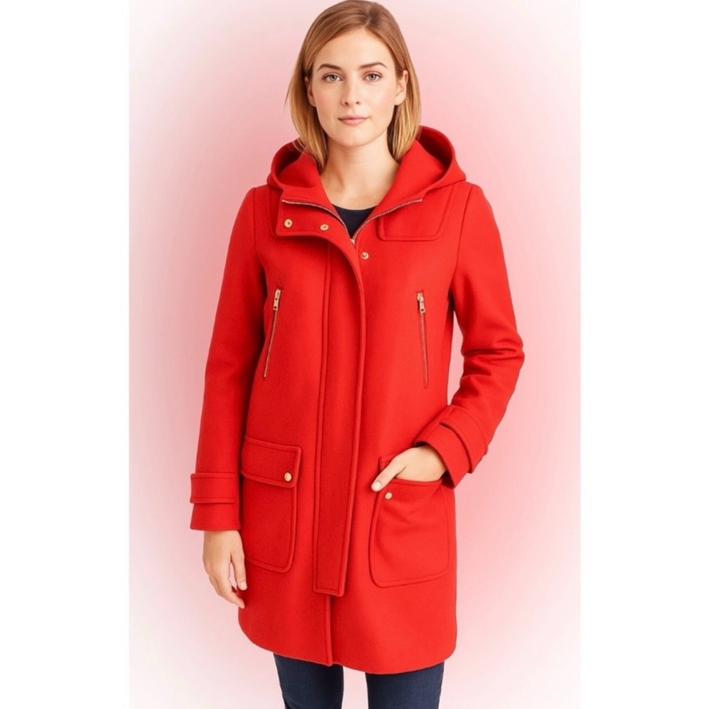 J. CREW | Electric Red Hooded Melton Wool Duffle Stadium
Jacket Size 2‎ Coat